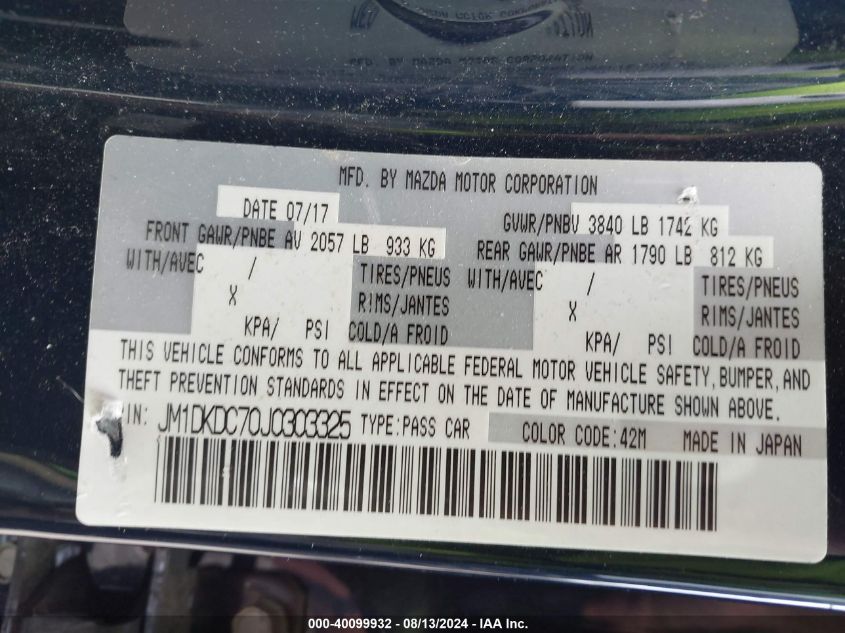 2018 Mazda Cx-3 Touring VIN: JM1DKDC70J0303325 Lot: 40099932