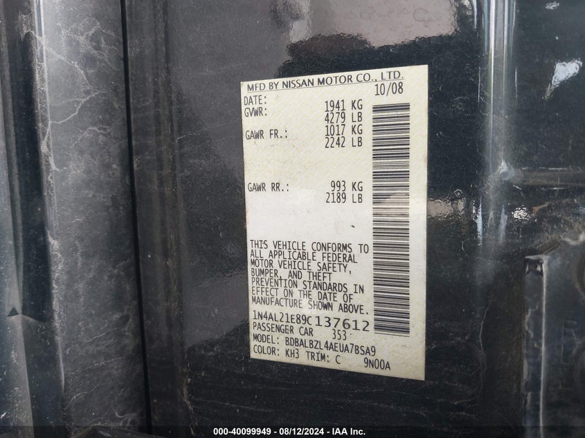 2009 Nissan Altima 2.5 S VIN: 1N4AL21E89C137612 Lot: 40099949