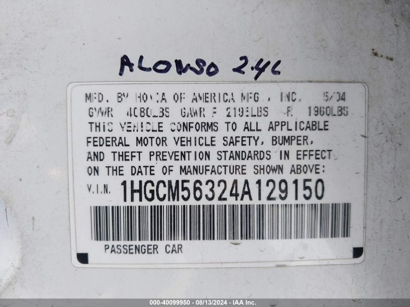 2004 Honda Accord 2.4 Lx VIN: 1HGCM56324A129150 Lot: 40099950