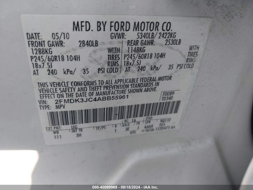 2010 Ford Edge Sel VIN: 2FMDK3JC4ABB55961 Lot: 40099969