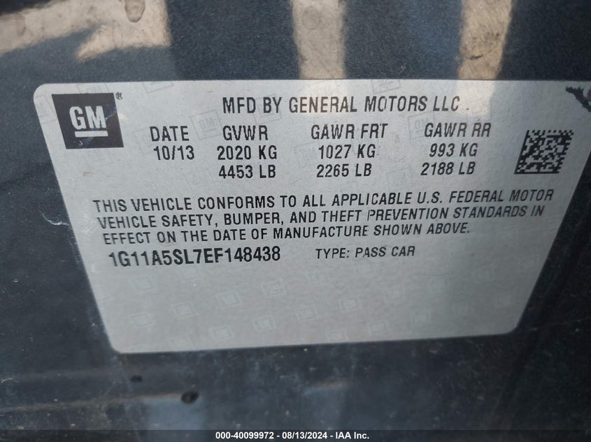 2014 Chevrolet Malibu 1Fl VIN: 1G11A5SL7EF148438 Lot: 40099972