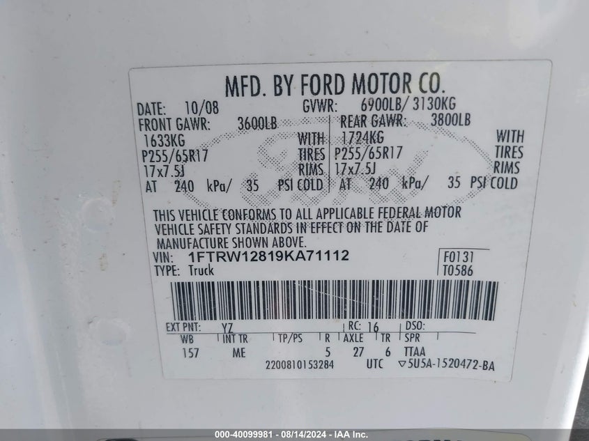 2009 Ford F-150 Xl/Xlt VIN: 1FTRW12819KA71112 Lot: 40099981