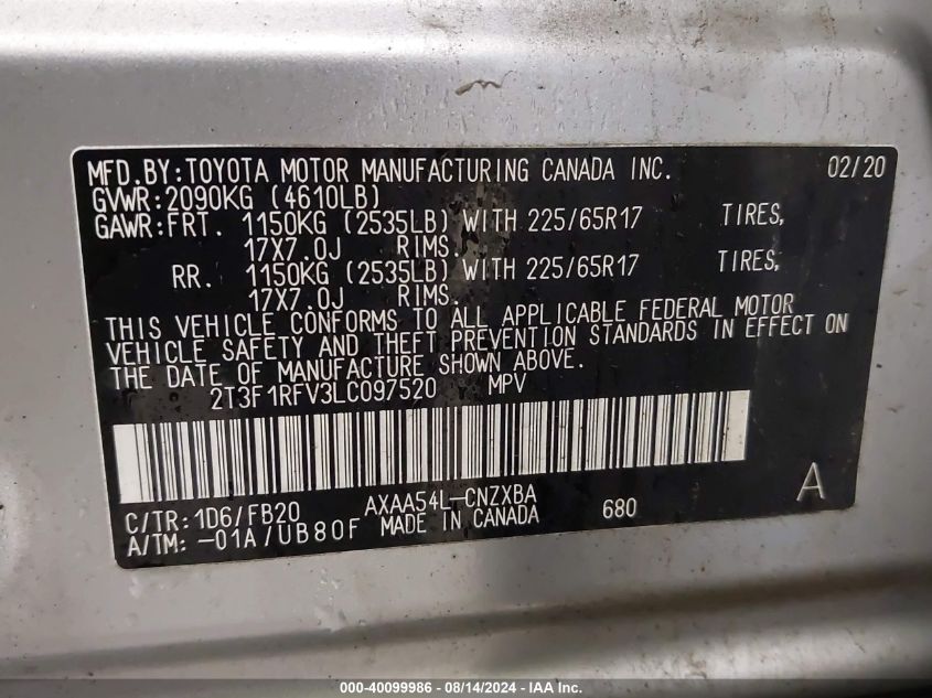 2020 Toyota Rav4 Le VIN: 2T3F1RFV3LC097520 Lot: 40099986