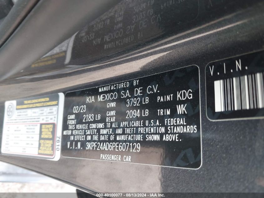 2023 Kia Forte Lx/Lxs VIN: 3KPF24AD6PE607129 Lot: 40100077
