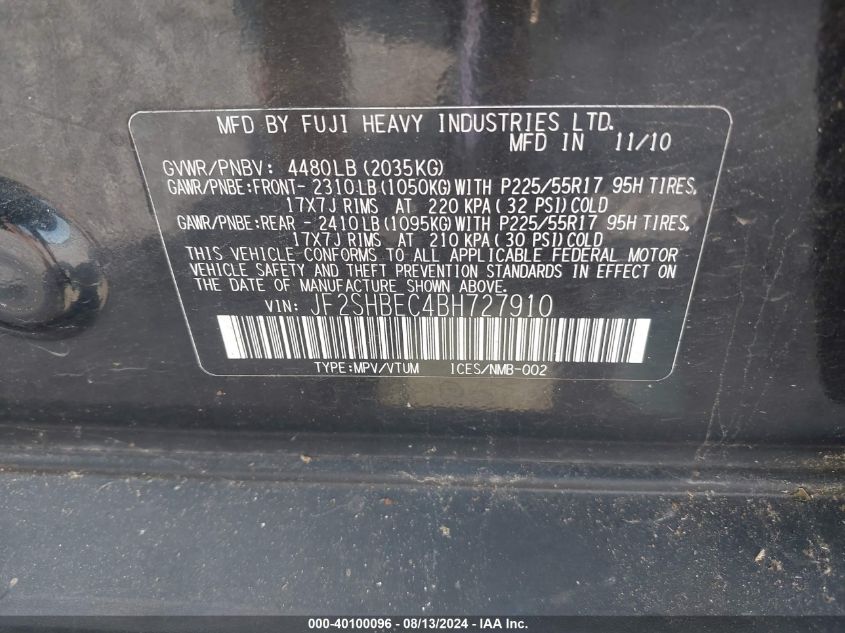 2011 Subaru Forester 2.5X Limited VIN: JF2SHBEC4BH727910 Lot: 40100096