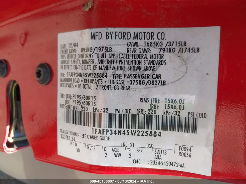 1FAFP34N45W225884 2005 Ford Focus Zx4