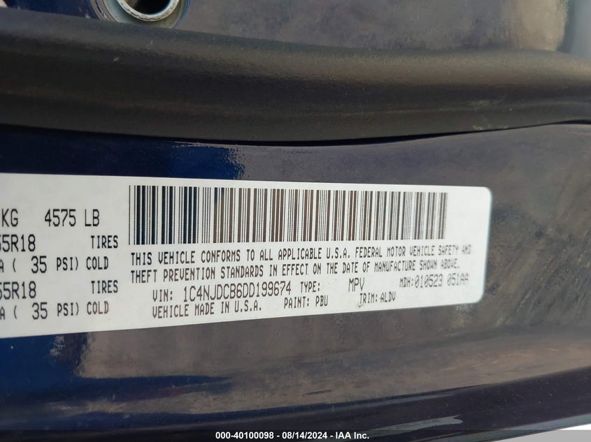 2013 Jeep Compass Limited VIN: 1C4NJDCB6DD199674 Lot: 40100098