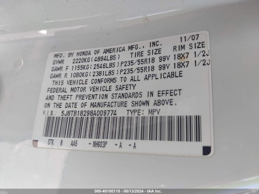 2008 Acura Rdx VIN: 5J8TB18298A009774 Lot: 40100115