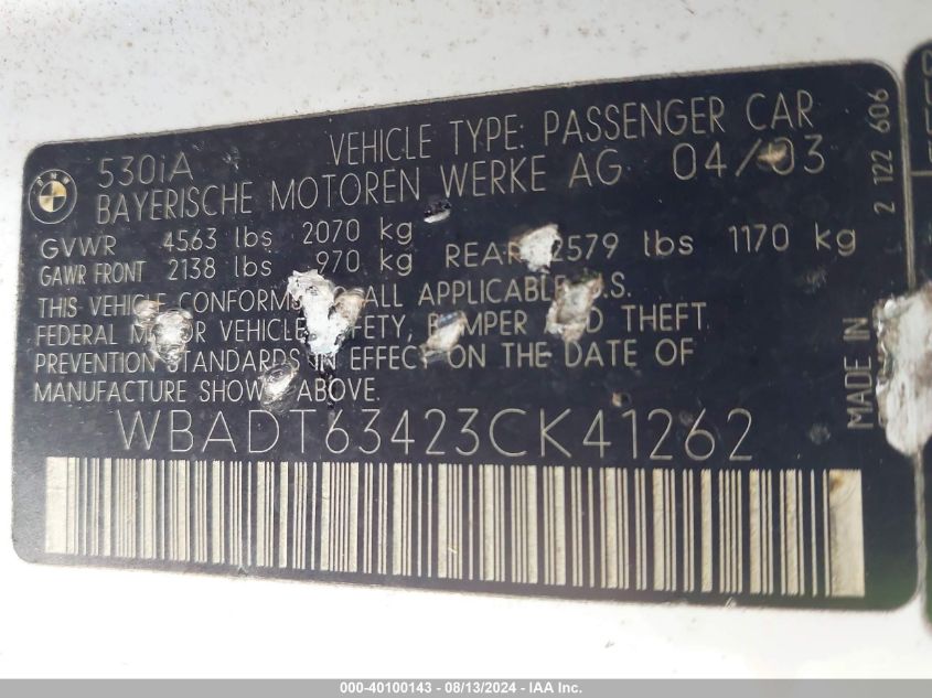 2003 BMW 530Ia VIN: WBADT63423CK41262 Lot: 40100143
