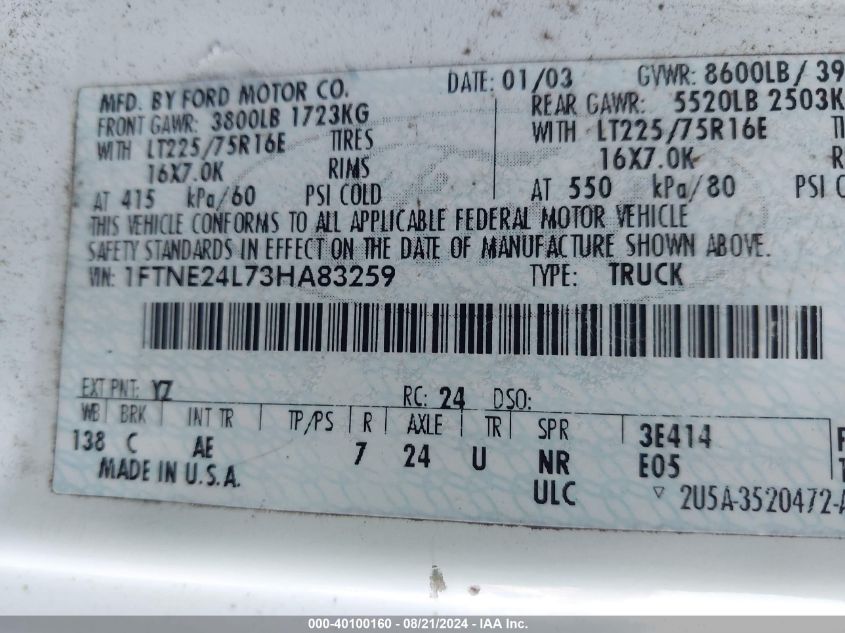 2003 Ford Econoline E250 Van VIN: 1FTNE24L73HA83259 Lot: 40100160