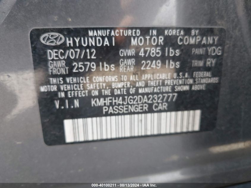 2013 Hyundai Azera VIN: KMHFH4JG2DA232777 Lot: 40100211