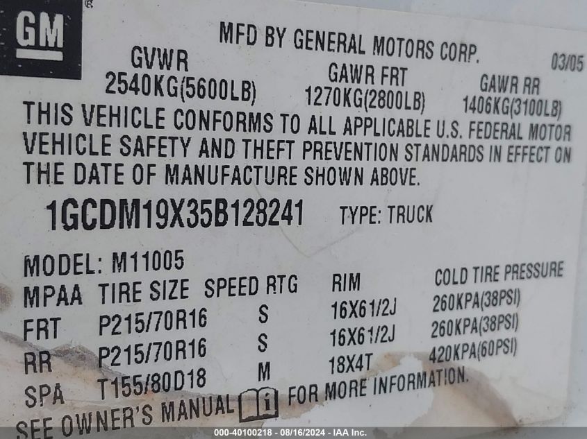 2005 Chevrolet Astro VIN: 1GCDM19X35B128241 Lot: 40100218