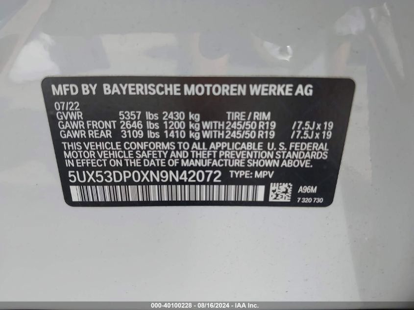 2022 BMW X3 xDrive30I VIN: 5UX53DP0XN9N42072 Lot: 40100228