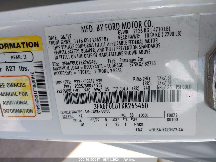 2019 Ford Fusion Hybrid Se VIN: 3FA6P0LU1KR265460 Lot: 40100237