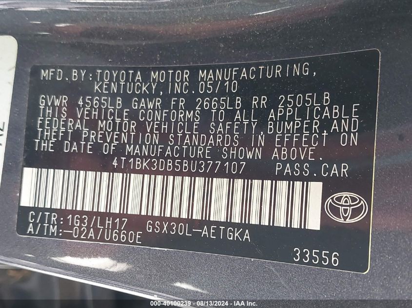 2011 Toyota Avalon VIN: 4T1BK3DB5BU377107 Lot: 40100239