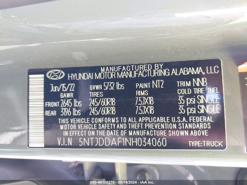 5NTJDDAF1NH034060 2022 Hyundai Santa Cruz Sel Premium