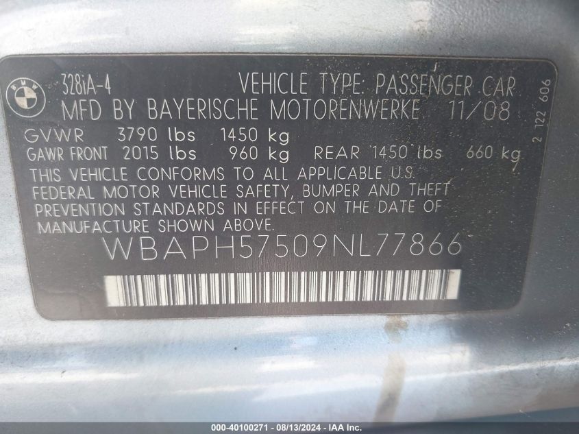 2009 BMW 328I I Sulev VIN: WBAPH57509NL77866 Lot: 40100271