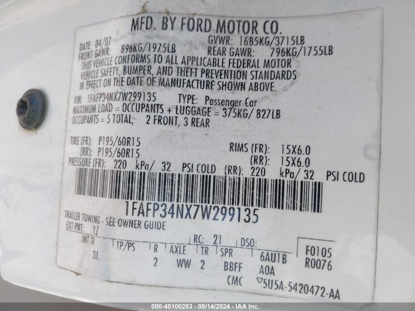 1FAFP34NX7W299135 2007 Ford Focus S/Se/Ses