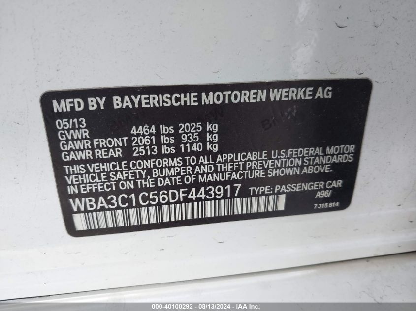 2013 BMW 328I VIN: WBA3C1C56DF443917 Lot: 40100292