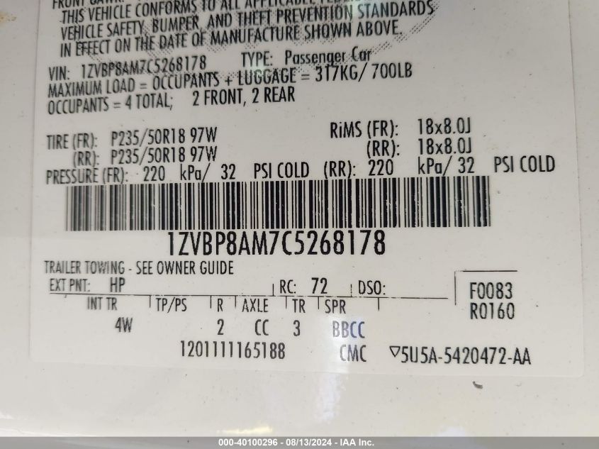 2012 Ford Mustang V6 Premium VIN: 1ZVBP8AM7C5268178 Lot: 40100296