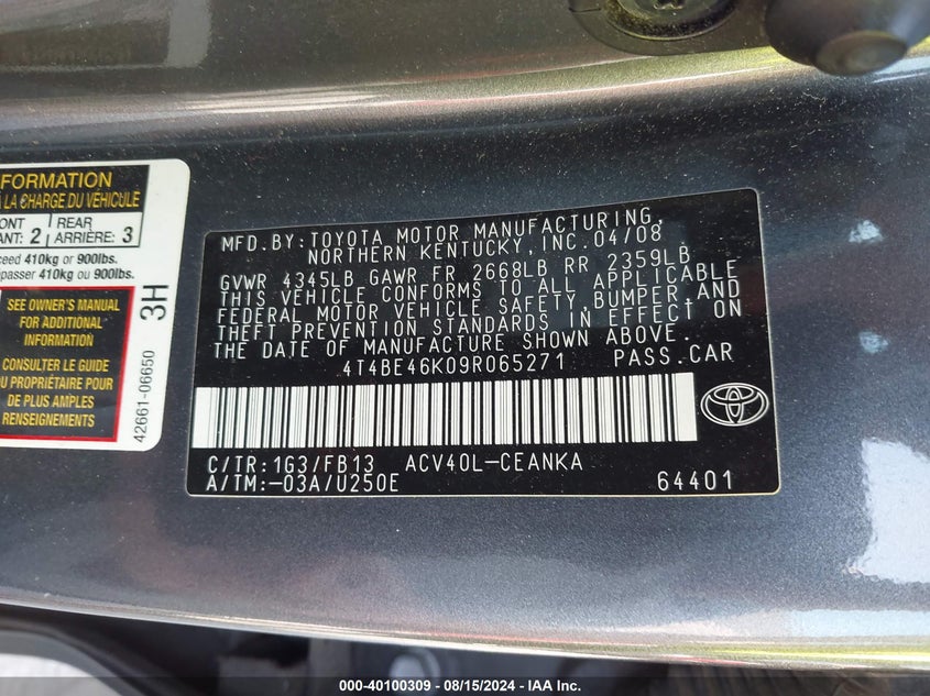 2009 Toyota Camry Se/Le/Xle VIN: 4T4BE46K09R065271 Lot: 40100309