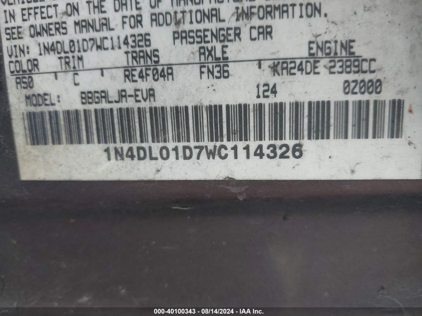 1998 Nissan Altima Gle/Gxe/Se/Xe VIN: 1N4DL01D7WC114326 Lot: 40100343