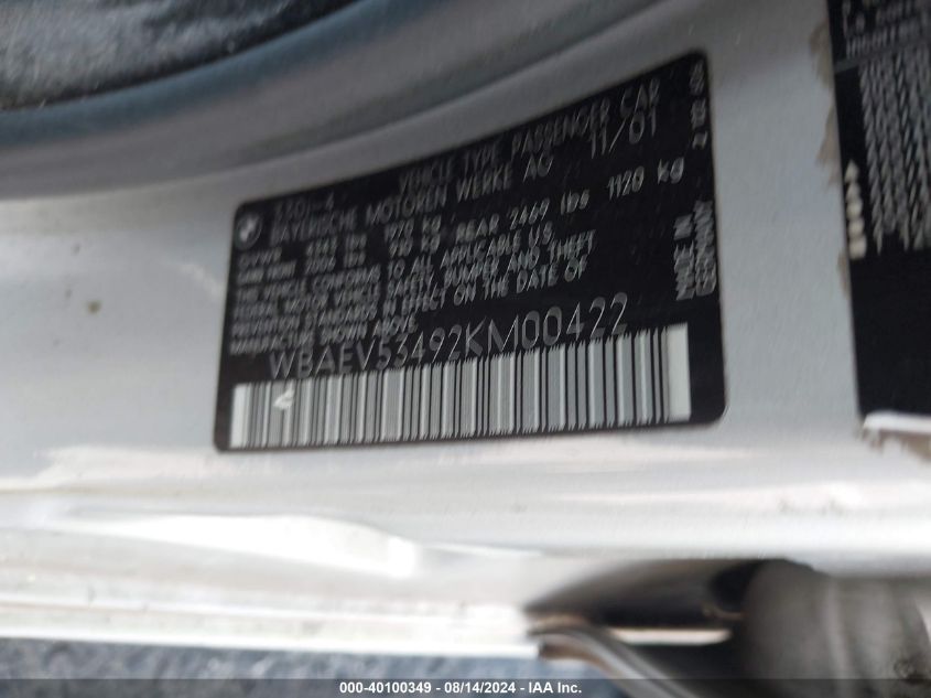 2002 BMW 330I VIN: WBAEV53492KM00422 Lot: 40100349