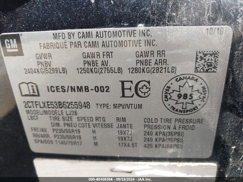 2011 GMC Terrain Slt-2 VIN: 2CTFLXE53B6255948 Lot: 40100364