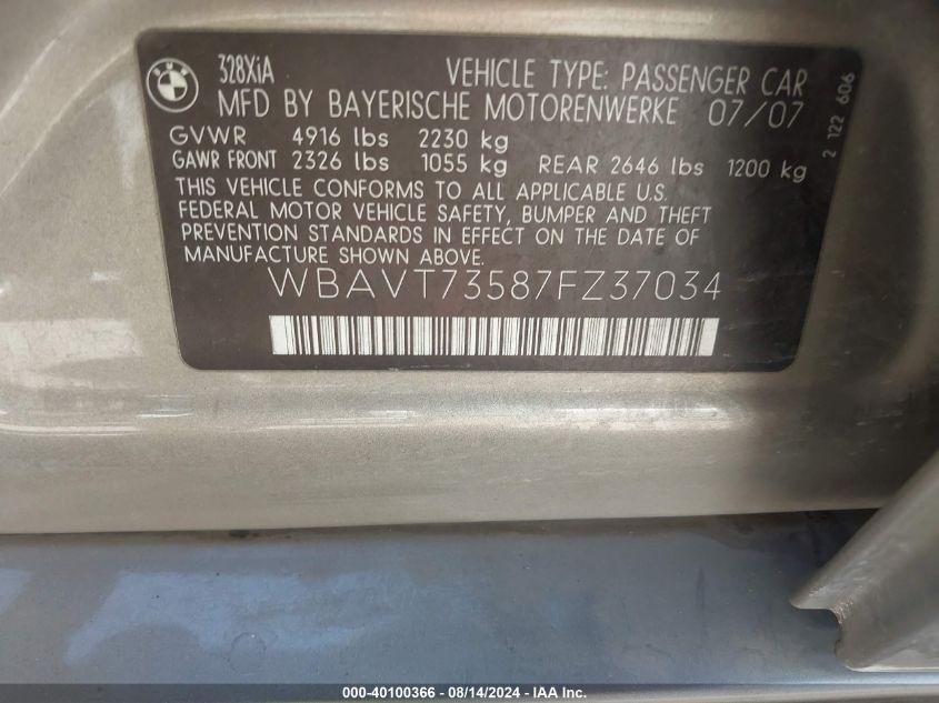 2007 BMW 328Xi VIN: WBAVT73587FZ37034 Lot: 40100366