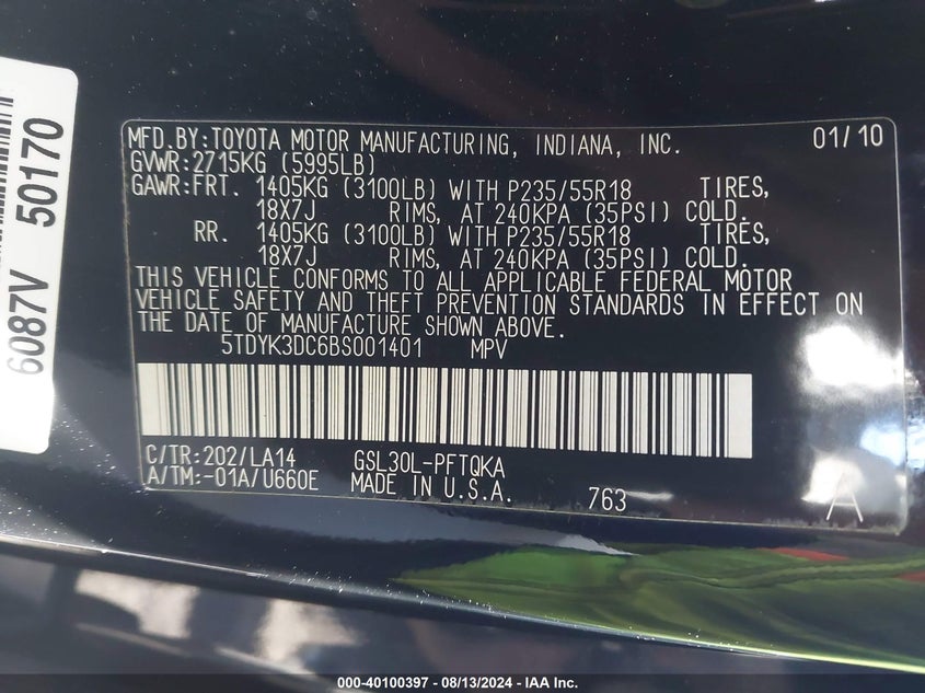 2011 Toyota Sienna Limited V6 VIN: 5TDYK3DC6BS001401 Lot: 40100397