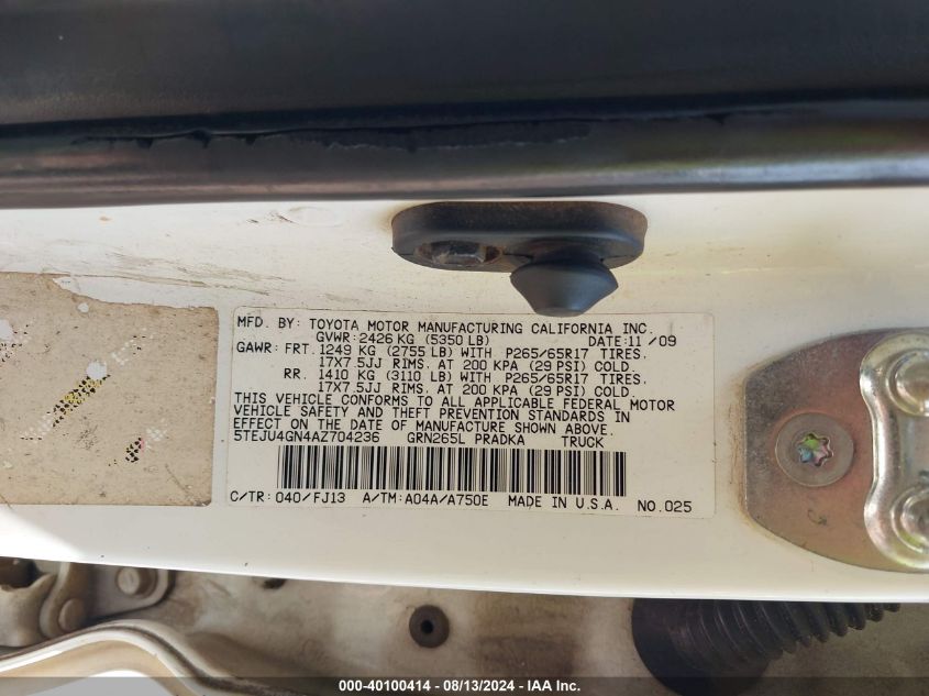 2010 Toyota Tacoma Prerunner V6 VIN: 5TEJU4GN4AZ704236 Lot: 40100414