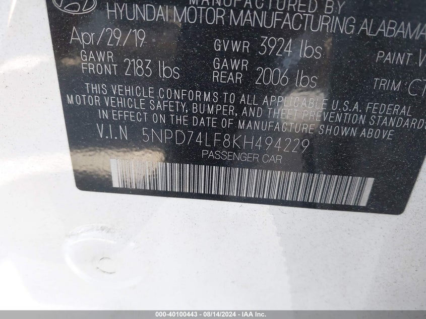VIN 5NPD74LF8KH494229 2019 HYUNDAI ELANTRA SE