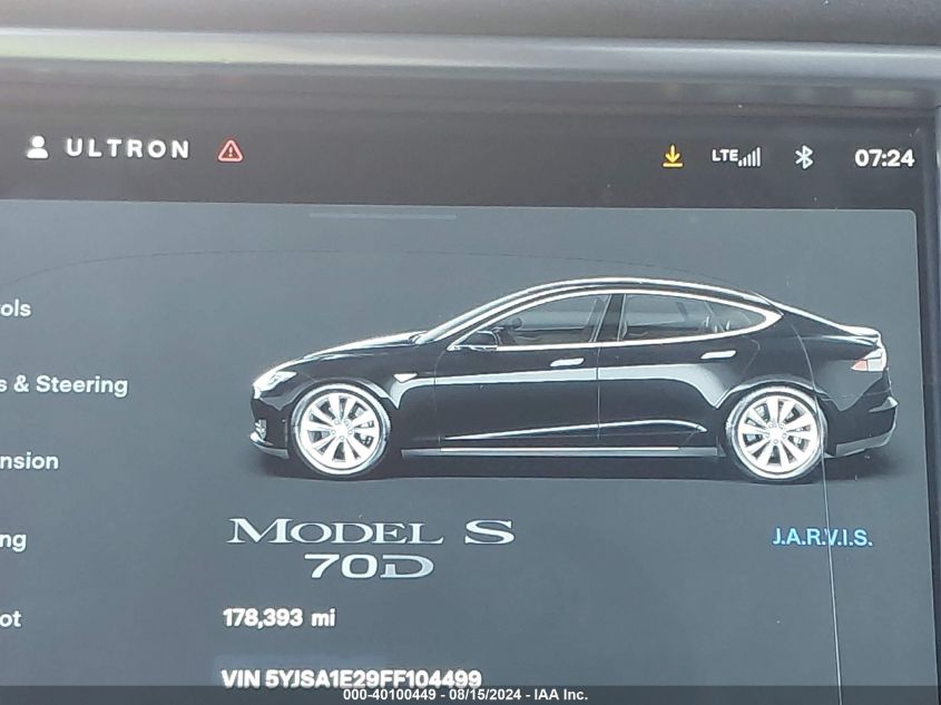 2015 Tesla Model S 70D/85D/P85D VIN: 5YJSA1E29FF104499 Lot: 40100449