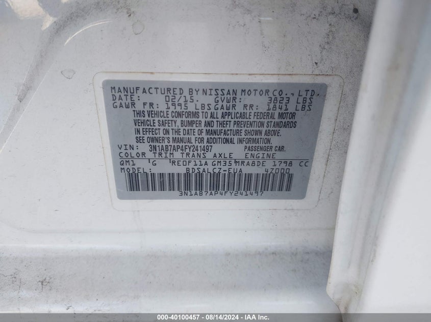 2015 Nissan Sentra Fe+ S/S/Sl/Sr/Sv VIN: 3N1AB7AP4FY241497 Lot: 40100457