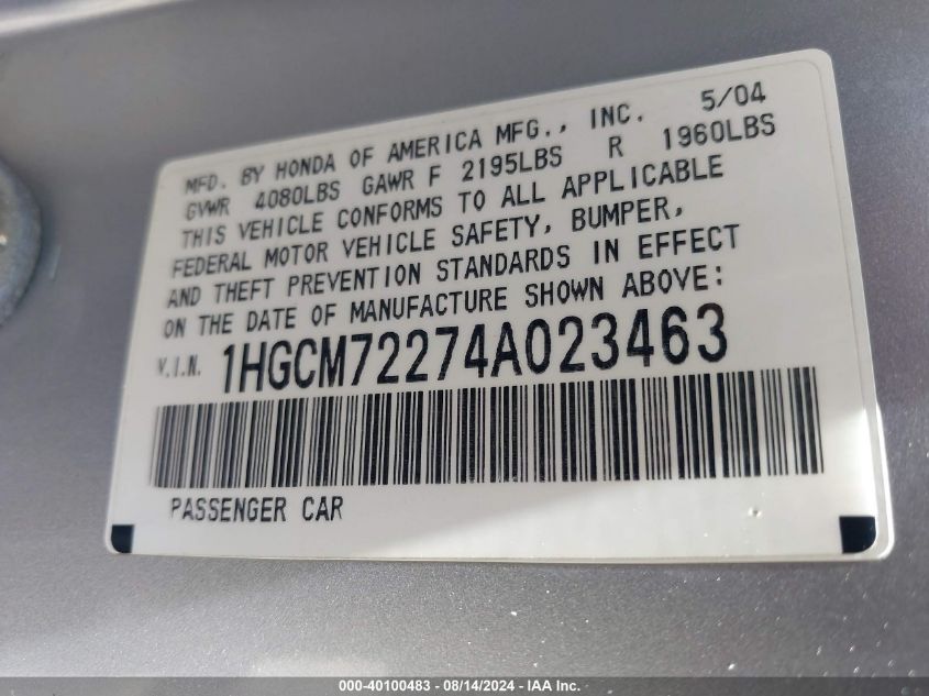 2004 Honda Accord 2.4 Lx VIN: 1HGCM72274A023463 Lot: 40100483