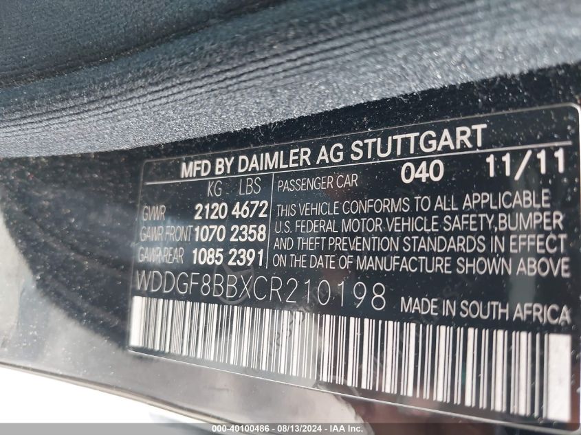 2012 Mercedes-Benz C 300 Luxury 4Matic/Sport 4Matic VIN: WDDGF8BBXCR210198 Lot: 40100486