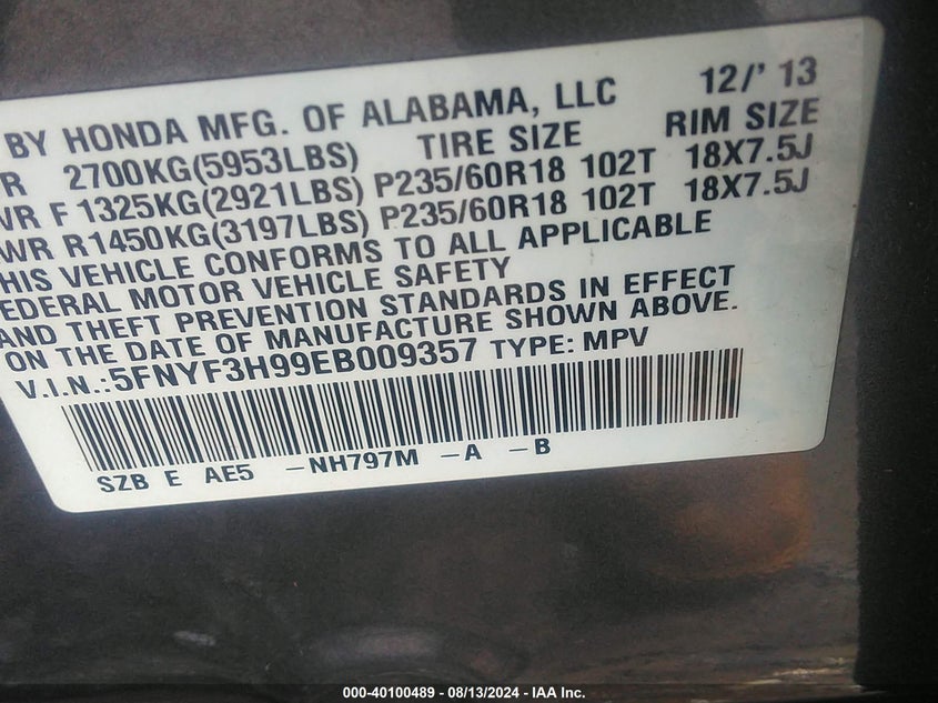 2014 HONDA PILOT TOURING - 5FNYF3H99EB009357