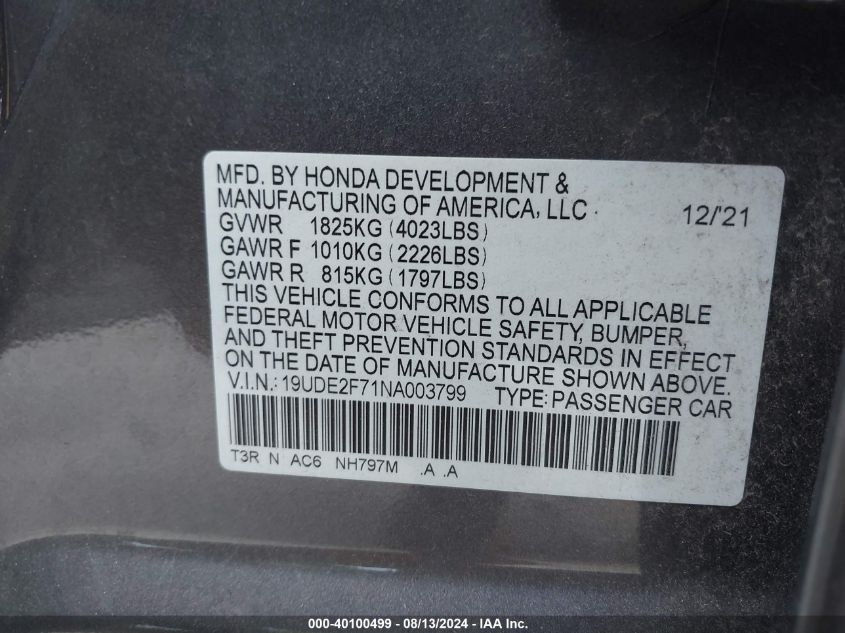 2022 ACURA ILX VIN: 19UDE2F71NA003799