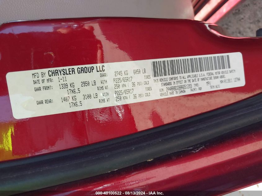 2011 Chrysler Town & Country Touring-L VIN: 2A4RR8DG9BR651293 Lot: 40100522