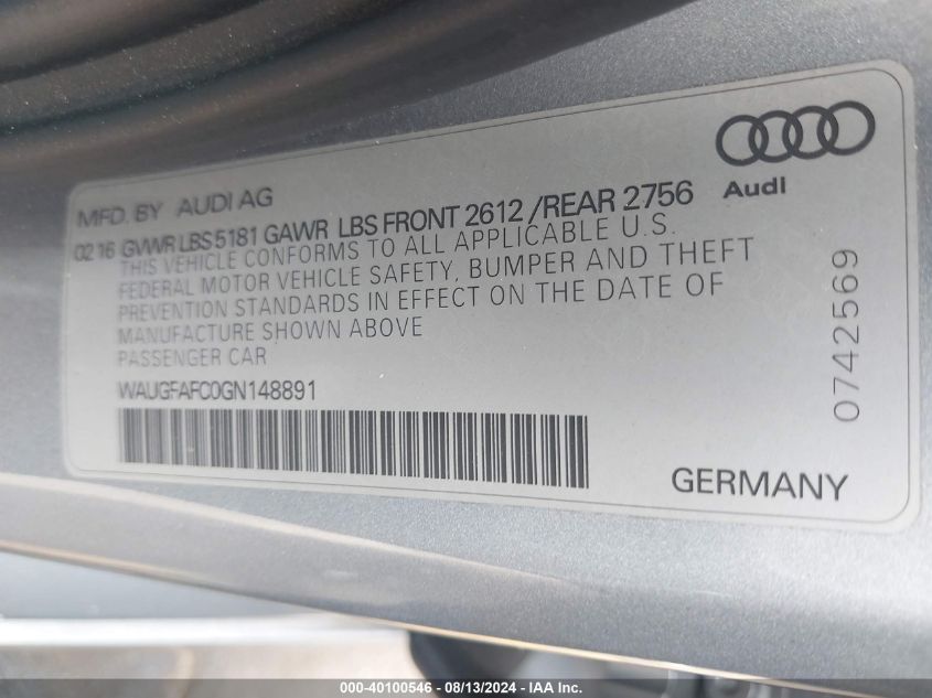 2016 Audi A6 2.0T Premium Plus VIN: WAUGFAFC0GN148891 Lot: 40100546