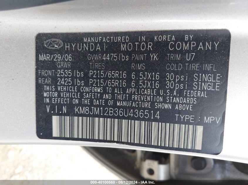 2006 Hyundai Tucson Gl VIN: KM8JM12B36U436514 Lot: 40100560