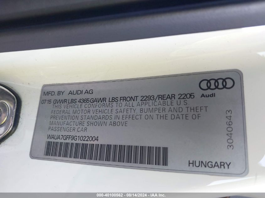 WAUA7GFF9G1022004 2016 Audi A3 1.8T Premium