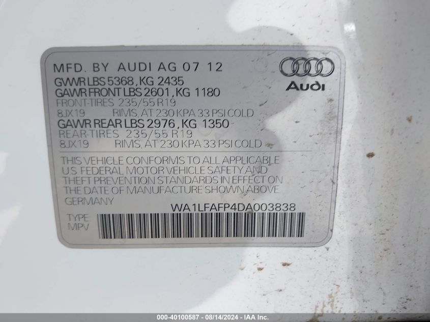 2013 Audi Q5 Premium Plus VIN: WA1LFAFP4DA003838 Lot: 40100587