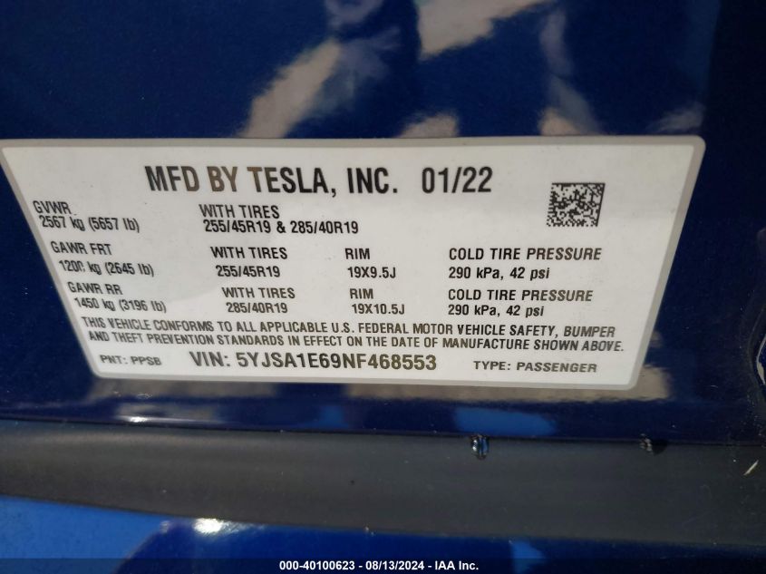 2022 Tesla Model S Plaid Tri Motor All-Wheel Drive VIN: 5YJSA1E69NF468553 Lot: 40100623