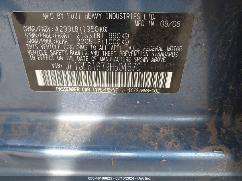 2009 Subaru Impreza 2.5I VIN: JF1GE61679H504670 Lot: 40100625