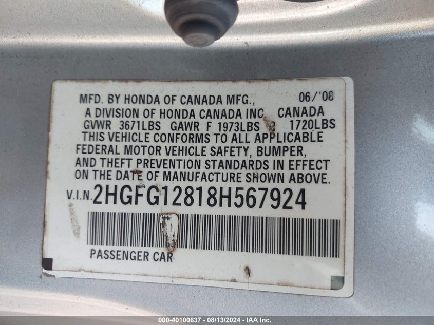 2008 Honda Civic Ex VIN: 2HGFG12818H567924 Lot: 40100637