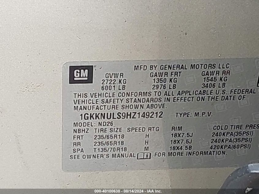 1GKKNULS9HZ149212 2017 GMC Acadia Slt-1