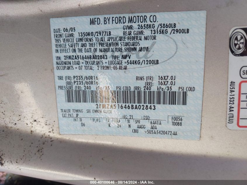 2006 Ford Freestar Se VIN: 2FMZA51646BA02843 Lot: 40100646