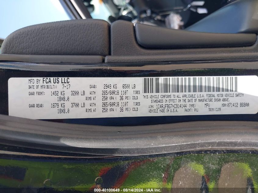 2017 Jeep Grand Cherokee Limited 4X4 VIN: 1C4RJFBG7HC914144 Lot: 40100649