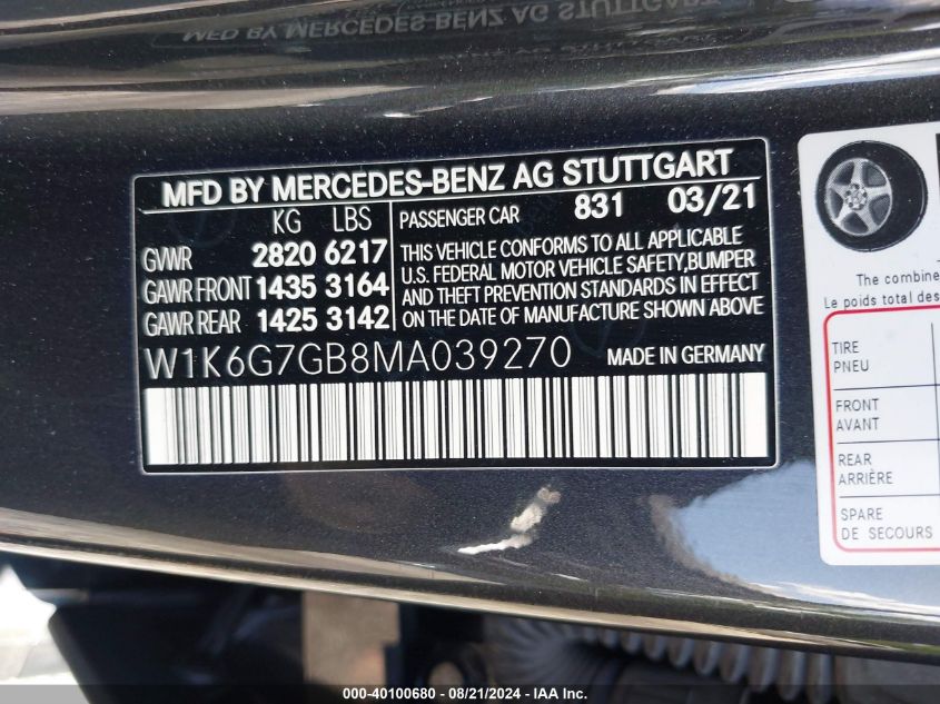 2021 Mercedes-Benz S 580 580 4Matic VIN: W1K6G7GB8MA039270 Lot: 40100680